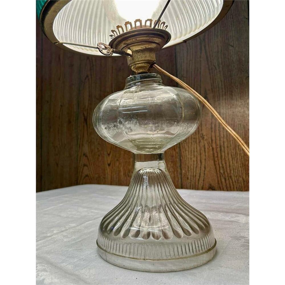 Vintage Electric Oil Lamp w/ Green Ribbed Glass Shade & Brass Burner –20.5" Tall - Picture 3 of 15